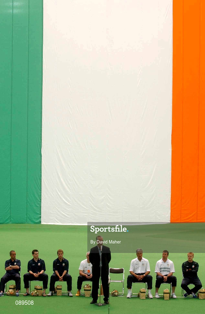 30 May 2002; Republic of Ireland manager Mick McCarthy address the crowd during a farewell ceremony at Izumo Sports Park in Izumo, Japan, ahead of their first FIFA World Cup 2002 Group E match against Cameroon. Photo by David Maher/Sportsfile