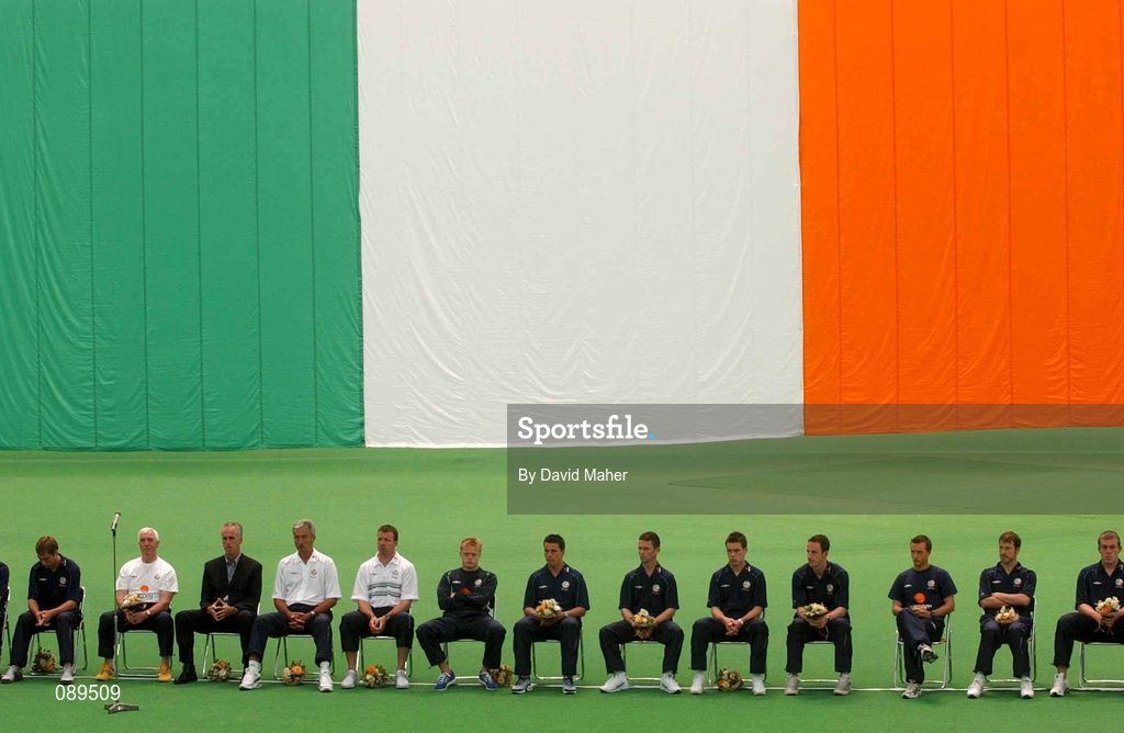 30 May 2002; Republic of Ireland players and management during a farewell ceremony at Izumo Sports Park in Izumo, Japan, ahead of their first FIFA World Cup 2002 Group E match against Cameroon. Photo by David Maher/Sportsfile