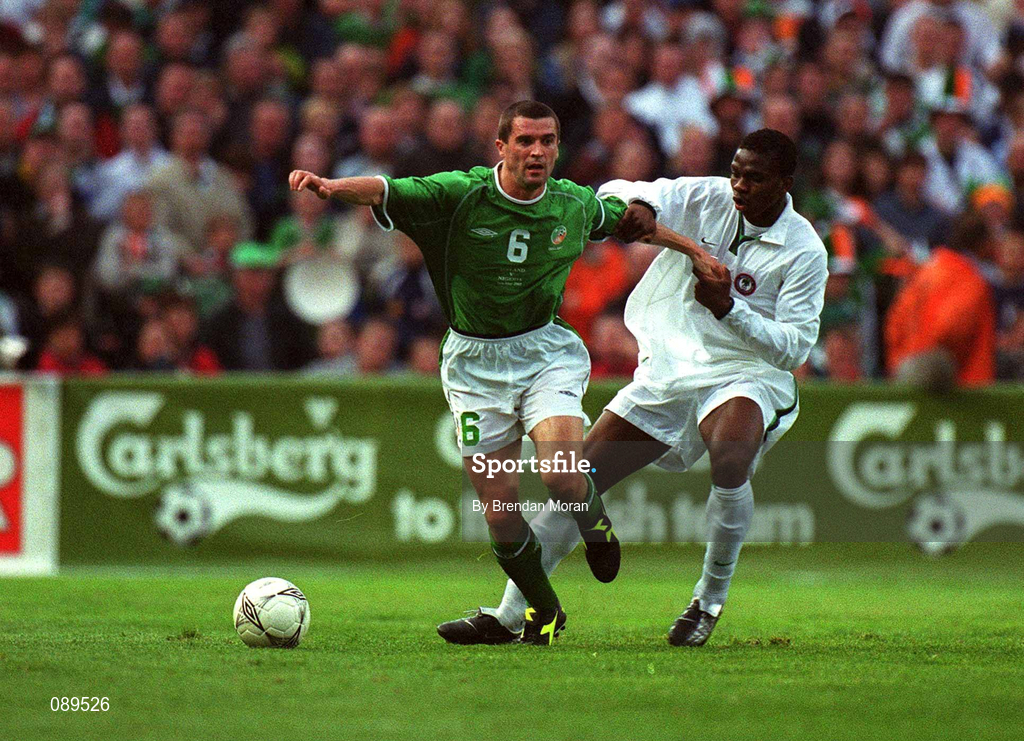16 May 2002; Roy Keane of Republic of Ireland in action against Joseph Yobo of Nigeria during the International Friendly match between Republic of Ireland and Nigeria at Lansdowne Road in Dublin. Photo by Brendan Moran/Sportsfile