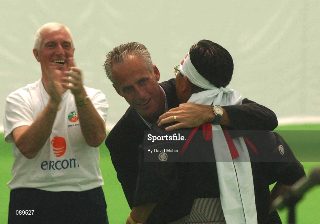 30 May 2002; Republic of Ireland manager Mick McCarthy, along with Mick Byrne, greets the Lord Mayor of Izumo Mr Masahiro Nishio during a farewell ceremony at Izumo Sports Park in Izumo, Japan, ahead of their first FIFA World Cup 2002 Group E match against Cameroon. Photo by David Maher/Sportsfile