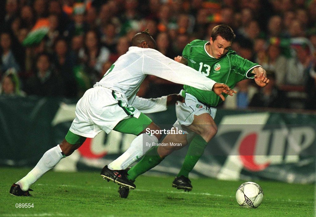 16 May 2002; David Connolly of Republic of Ireland in action against Taribo West of Nigeria during the International Friendly match between Republic of Ireland and Nigeria at Lansdowne Road in Dublin. Photo by Brendan Moran/Sportsfile