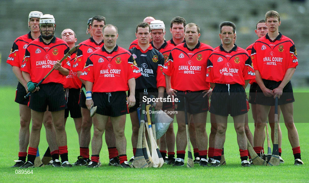 25 May 2002; The Down hurling team stand for the National Anthem during the Guinness Ulster Senior Hurling Championship Semi-Final match between Down and Derry at Casement Park in Belfast. Photo by Damien Eagers/Sportsfile