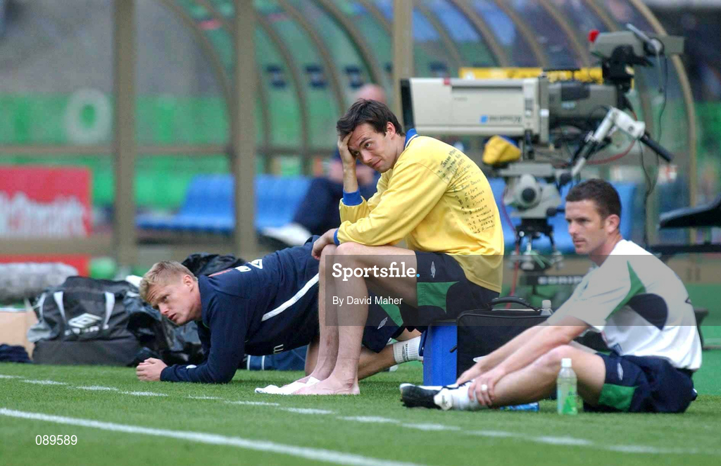 31 May 2002; Republic of Ireland players, from left, Damien Duff, Gary Breen and Mark Kinsella during at Republic of Ireland squad training session at Big Swan Stadium in Niigata, Japan. Photo by David Maher/Sportsfile