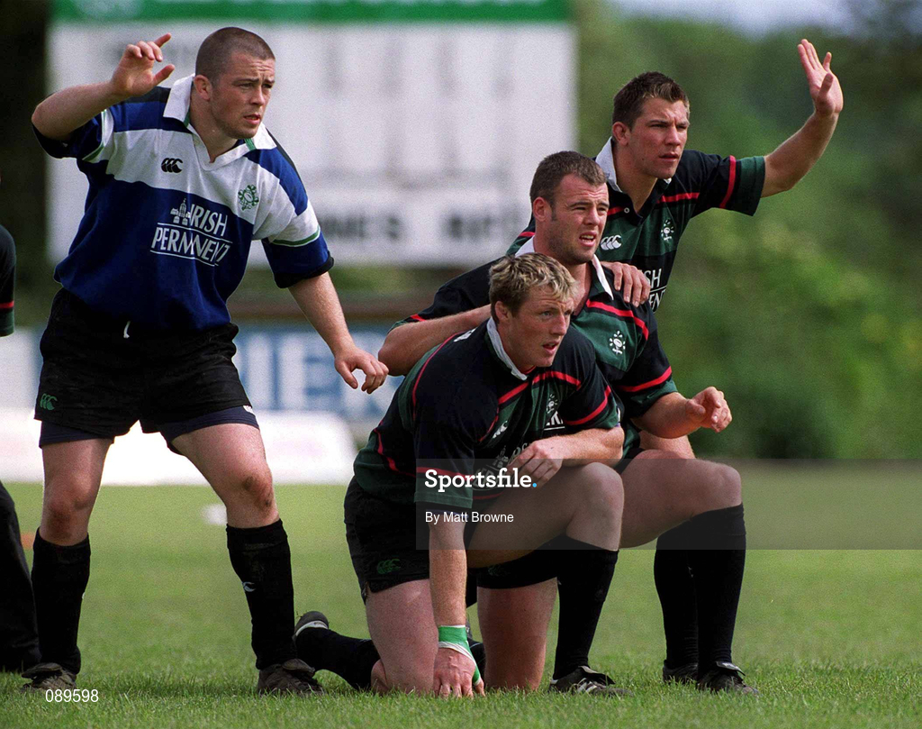 31 May 2002; Ireland players, from left, Marcus Horn, Eric Miller, John O'Neill and Justin Bishop during an Ireland Rugby squad training session at Dr Hickey Park in Greystones, Wicklow. Photo by Matt Browne/Sportsfile
