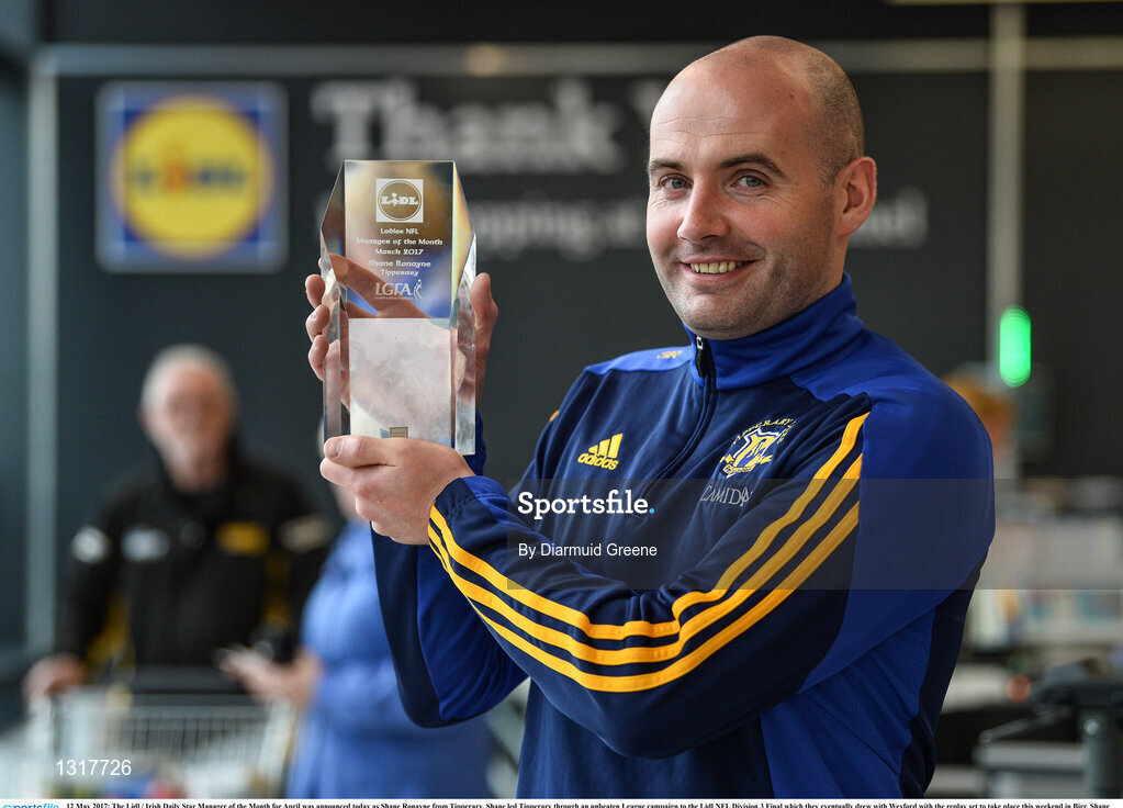 12 May 2017; The Lidl / Irish Daily Star Manager of the Month for April was announced today as Shane Ronayne from Tipperary. Shane led Tipperary through an unbeaten League campaign to the Lidl NFL Division 3 Final which they eventually drew with Wexford with the replay set to take place this weekend in Birr. Shane was presented with the award by Yuris Akerbergs, Deputy Manager Lidl Clonmel. Lidl, Clonmel, Co. Tipperary. Photo by Diarmuid Greene/Sportsfile