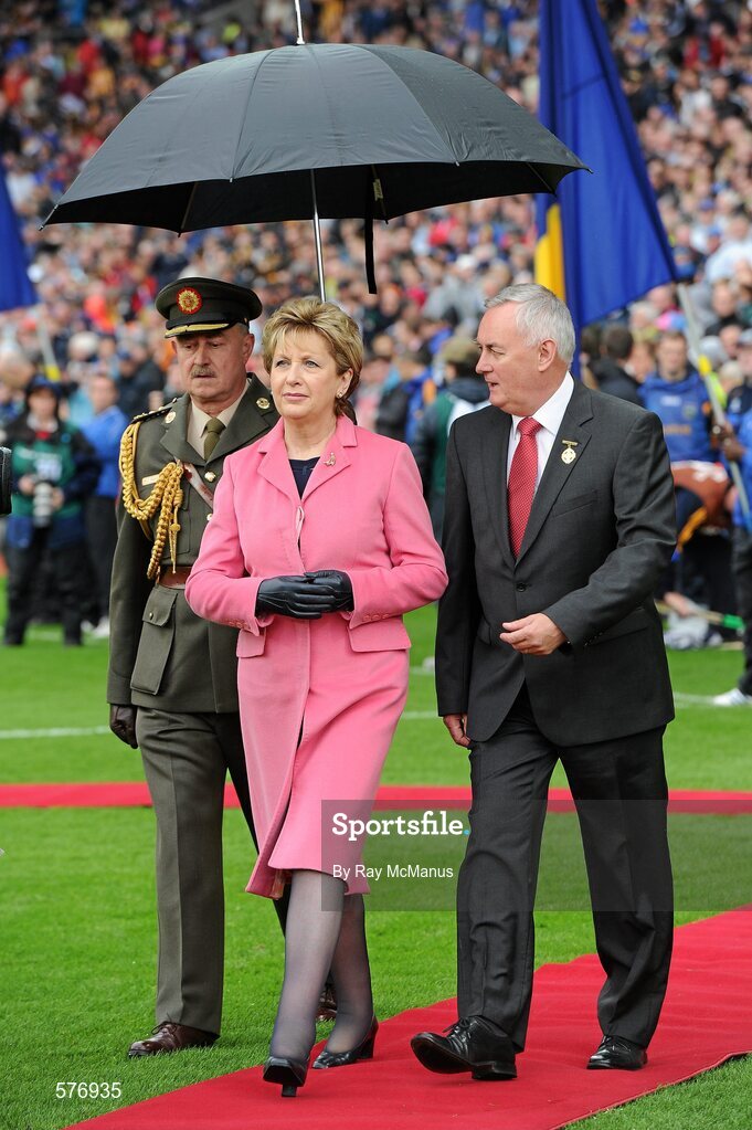 4 September 2011; President Mary McAleese with Uachtarán CLG Criostóir Ó Cuana before the game. GAA Hurling All-Ireland Senior Championship Final, Kilkenny v Tipperary, Croke Park, Dublin. Picture credit: Ray McManus / SPORTSFILE