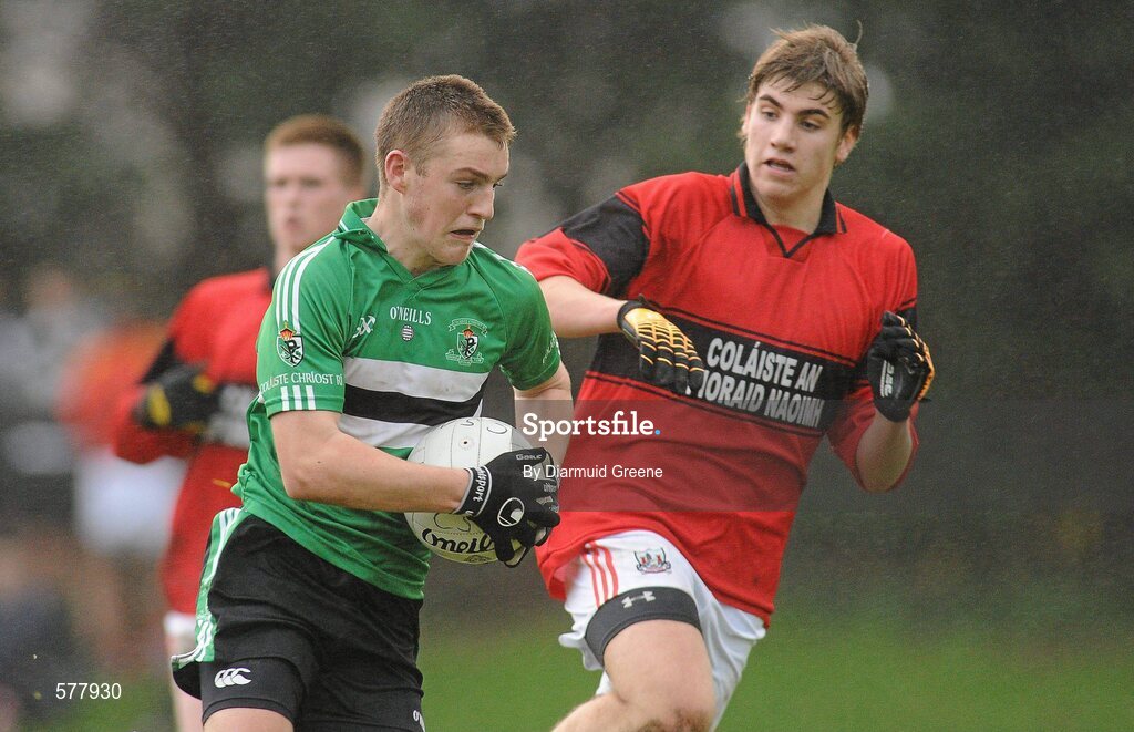 23 November 2011; Conor Horan, Colaiste Chríost Rí, in action against Ian Maguire, Colaiste an Spioraid Naoimh. Corn Ui Mhuiri Senior 'A' Football Championship, Colaiste an Spioraid Naoimh v Colaiste Chríost Rí, Ballincollig GAA Club, Co. Cork. Picture credit: Diarmuid Greene / SPORTSFILE