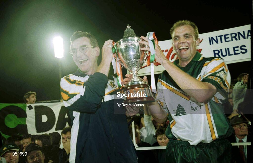 15 October 1999; Manager Colm O'Rourke and Captain John McDermott lift the Cup after the game. Ireland v Australia, 2nd Test, Football Park, Adelaide, Australia. Photo by Ray McManus/Sportsfile
