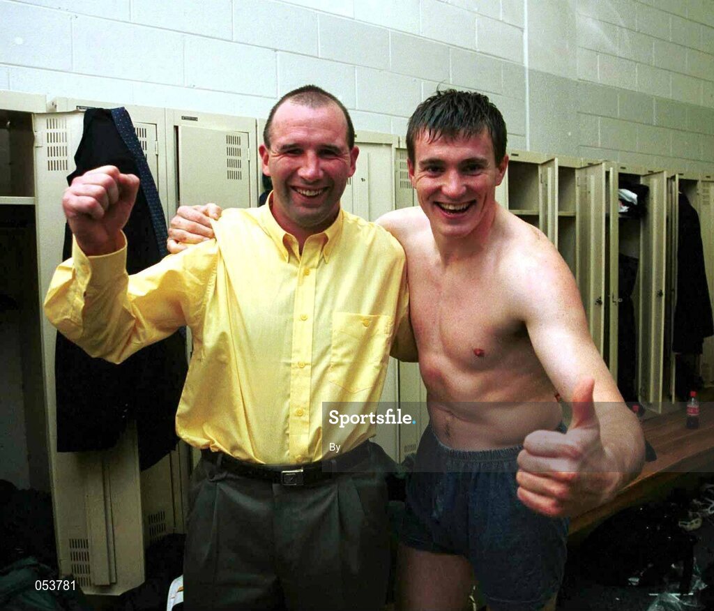 8 October 1999; Glenn Ryan, left and Ciaran McManus, celebrates Ireland's victory over Australia is the first Test at the Melbourne Cricket Grounds, Melbourne, Australia. International Rules. Picture credit, Ray McManus/SPORTSFILE