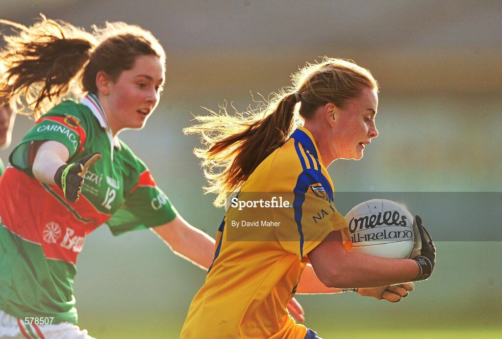 27 November 2011; Arlene Cushen, Na Fianna, in action against Doireann Hughes, Carnacon. Tesco All-Ireland Senior Ladies Football Club Championship Final, Carnacon v Na Fianna, Ballymahon, Co. Longford. Picture credit: David Maher / SPORTSFILE
