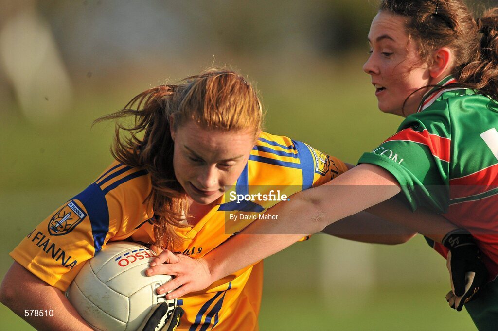 27 November 2011; Arlene Cushen, Na Fianna, in action against Doireann Hughes, Carnacon. Tesco All-Ireland Senior Ladies Football Club Championship Final, Carnacon v Na Fianna, Ballymahon, Co. Longford. Picture credit: David Maher / SPORTSFILE