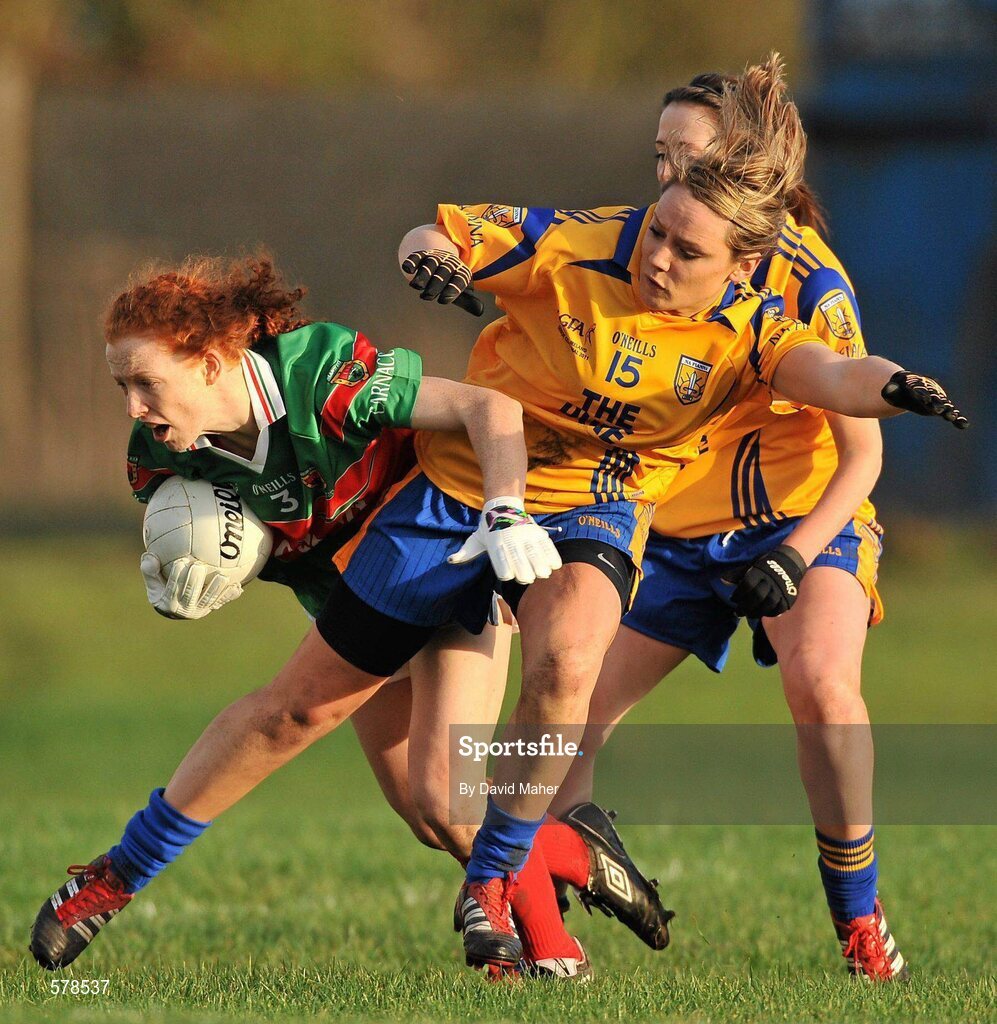27 November 2011; Noelle Tierney, Carnacon, in action against Beirnie Finlay, Na Fianna. Tesco All-Ireland Senior Ladies Football Club Championship Final, Carnacon v Na Fianna, Ballymahon, Co. Longford. Picture credit: David Maher / SPORTSFILE