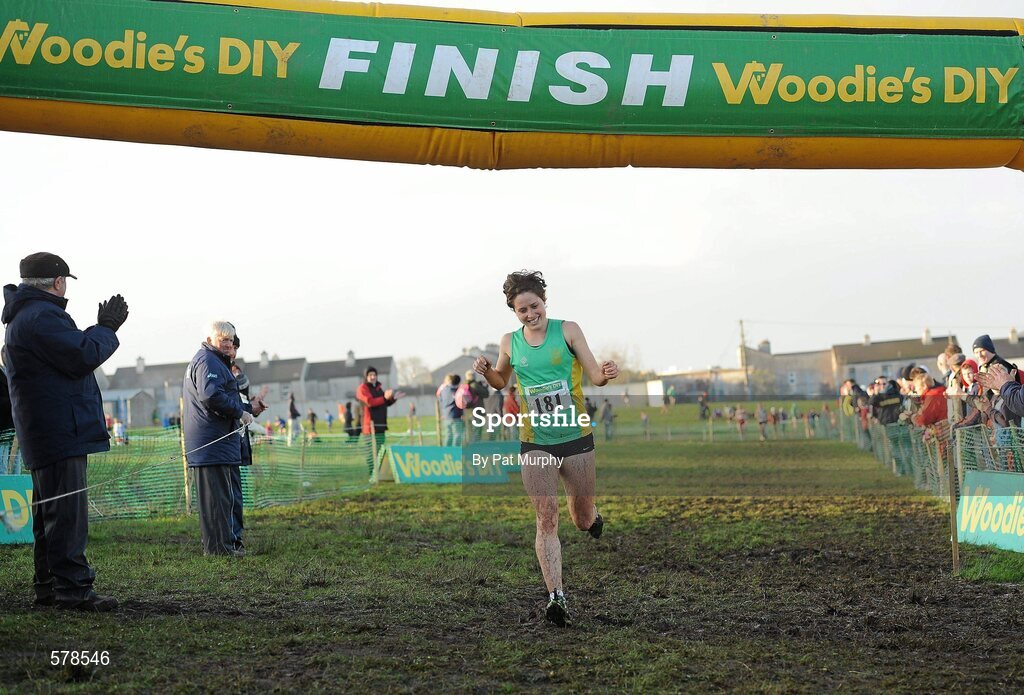 27 November 2011; Sarah Louise Treacy, Meath, crosses the finish line to win the senior women's race at the Woodie’s DIY Inter County Cross Country Championships. Sligo Racecourse, Sligo. Picture credit: Pat Murphy / SPORTSFILE