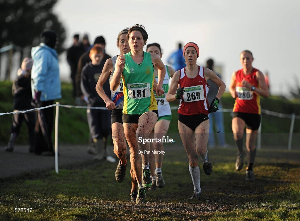 27 November 2011; Sarah Louise Treacy, Meath, 181, leads the field on her way to winning the senior women's race at the Woodie’s DIY Inter County Cross Country Championships. Sligo Racecourse, Sligo. Picture credit: Pat Murphy / SPORTSFILE
