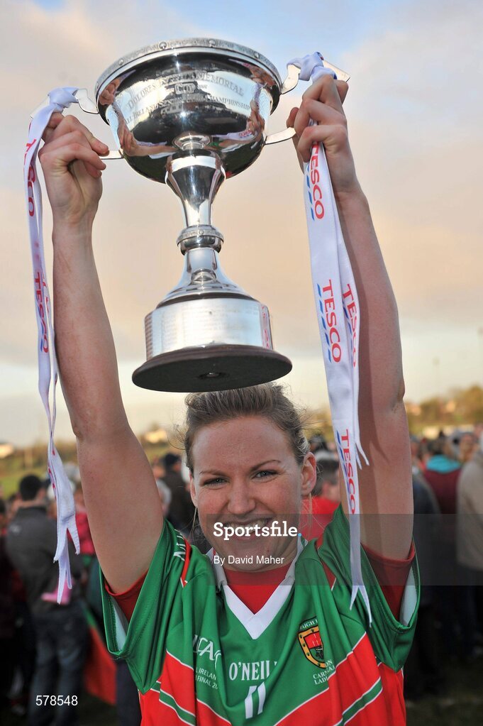 27 November 2011; Carnacon captain Fiona McHale celebrates after winning the Tesco All-Ireland Senior Ladies Football Club Championship Final. Tesco All-Ireland Senior Ladies Football Club Championship Final, Carnacon v Na Fianna, Ballymahon, Co. Longford. Picture credit: David Maher / SPORTSFILE