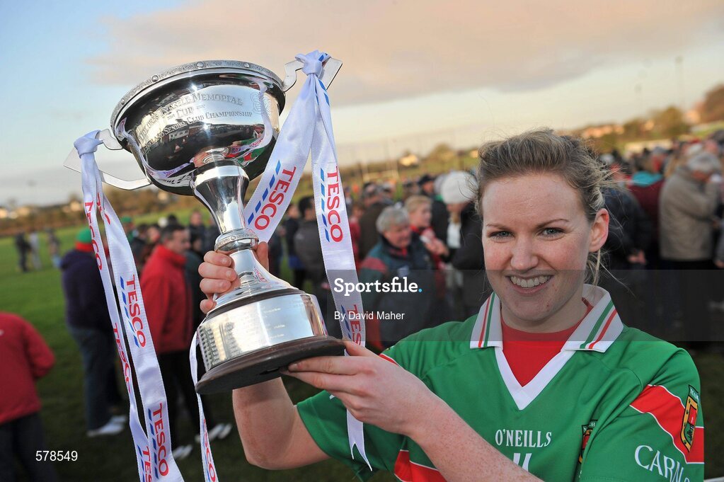 27 November 2011; Carnacon captain Fiona McHale celebrates after winning the Tesco All-Ireland Senior Ladies Football Club Championship Final. Tesco All-Ireland Senior Ladies Football Club Championship Final, Carnacon v Na Fianna, Ballymahon, Co. Longford. Picture credit: David Maher / SPORTSFILE