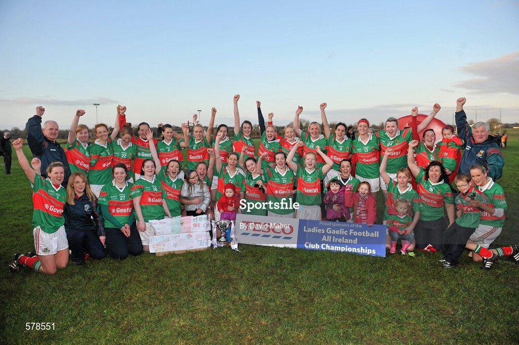 27 November 2011; Carnacon players and officials celebrate after winning the Tesco All-Ireland Senior Ladies Football Club Championship Final. Tesco All-Ireland Senior Ladies Football Club Championship Final, Carnacon v Na Fianna, Ballymahon, Co. Longford. Picture credit: David Maher / SPORTSFILE