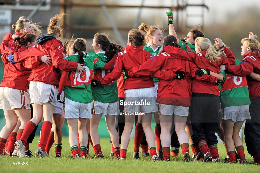 27 November 2011; Carnacon players celebrate at the end of the game after winning the Tesco All-Ireland Senior Ladies Football Club Championship Final. Tesco All-Ireland Senior Ladies Football Club Championship Final, Carnacon v Na Fianna, Ballymahon, Co. Longford. Picture credit: David Maher / SPORTSFILE