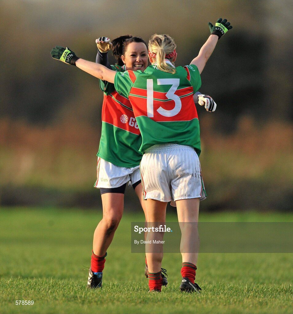 27 November 2011; Carnacon players Caroline McGing, left, and Natasha Beegan, celebrate at the end of the game after winning the Tesco All-Ireland Senior Ladies Football Club Championship Final. Tesco All-Ireland Senior Ladies Football Club Championship Final, Carnacon v Na Fianna, Ballymahon, Co. Longford. Picture credit: David Maher / SPORTSFILE