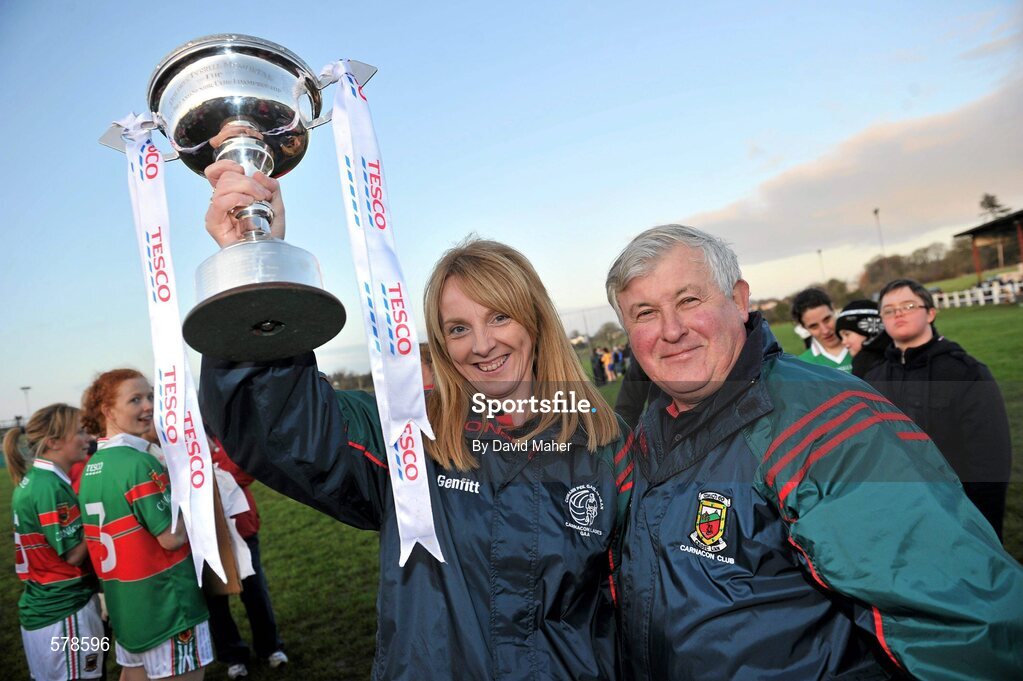 27 November 2011; Carnacon joint managers Beatrice Casey and Jimmy Corbett, right, celebrate at the end of the game. Tesco All-Ireland Senior Ladies Football Club Championship Final, Carnacon v Na Fianna, Ballymahon, Co. Longford. Picture credit: David Maher / SPORTSFILE