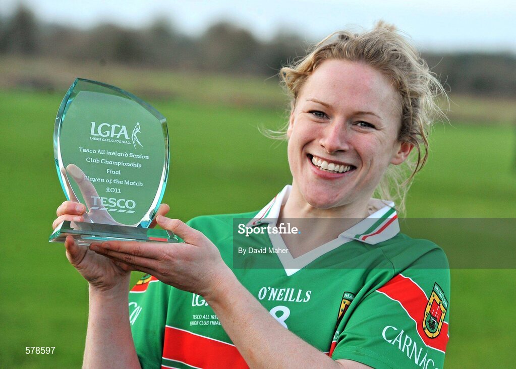 27 November 2011; Claire Egan, Carnacon, after been named Tesco All-Ireland Senior Ladies Football Club Championship Final player of the match award. Tesco All-Ireland Senior Ladies Football Club Championship Final, Carnacon v Na Fianna, Ballymahon, Co. Longford. Picture credit: David Maher / SPORTSFILE