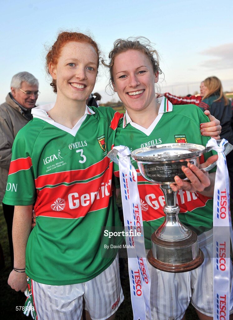27 November 2011; Noelle Tierney, left and Claire Egan, Carnacon, celebrate at the end of the game. Tesco All-Ireland Senior Ladies Football Club Championship Final, Carnacon v Na Fianna, Ballymahon, Co. Longford. Picture credit: David Maher / SPORTSFILE