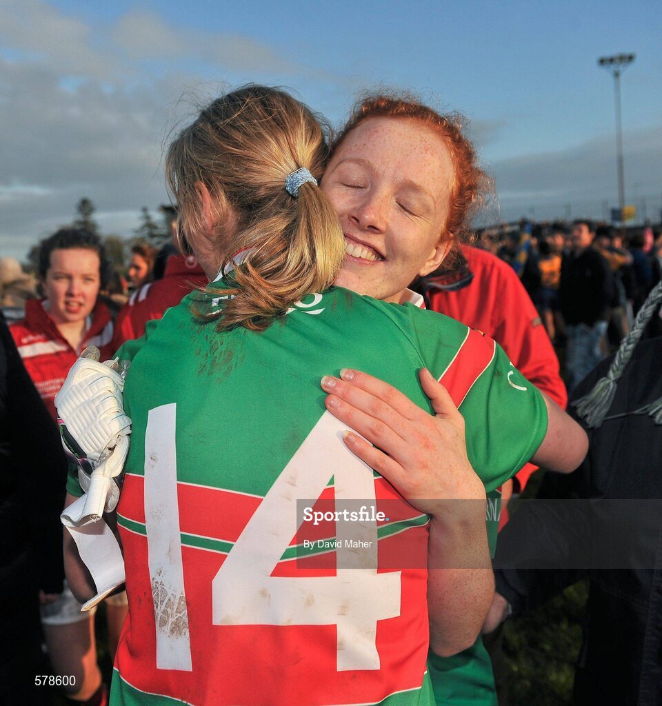 27 November 2011; Noelle Tierney, Carnacon, celebrates with team-mate Cora Staunton, 14, after winning the Tesco All-Ireland Senior Ladies Football Club Championship Final. Tesco All-Ireland Senior Ladies Football Club Championship Final, Carnacon v Na Fianna, Ballymahon, Co. Longford. Picture credit: David Maher / SPORTSFILE