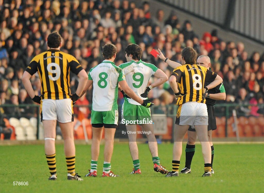 27 November 2011; Referee Martin Higgins issues a red card to Anton McArdle, Burren St Mary's. AIB Ulster GAA Football Senior Club Championship Final, Crossmaglen Rangers, Armagh v Burren St Mary's, Down, Morgan Athletic Grounds, Armagh. Picture credit: Oliver McVeigh / SPORTSFILE