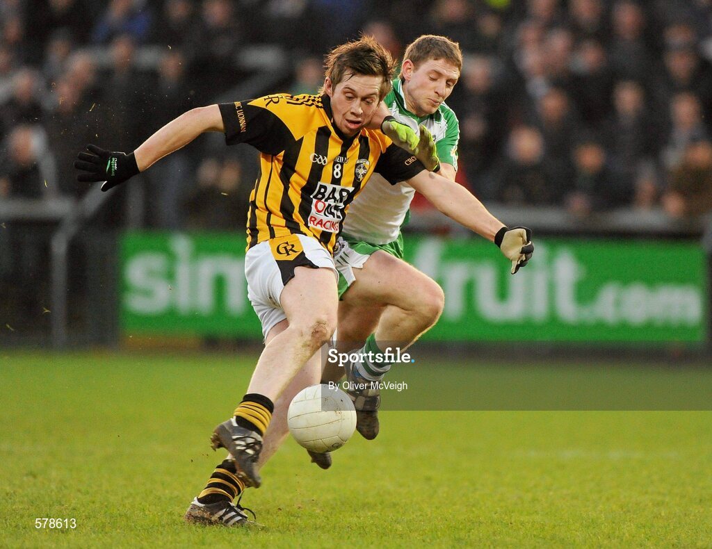 27 November 2011; Johnny Hanratty, Crossmaglen Rangers, in action against Ciaran McGovern, Burren St Mary's. AIB Ulster GAA Football Senior Club Championship Final, Crossmaglen Rangers v Burren St Mary's, Morgan Athletic Grounds, Armagh. Picture credit: Oliver McVeigh / SPORTSFILE