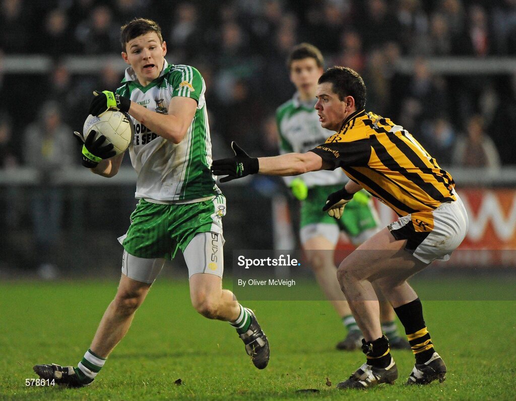 27 November 2011; Donal O'Hare, Burren St Mary's, in action against Stephen Finnegan, Crossmaglen Rangers. AIB Ulster GAA Football Senior Club Championship Final, Crossmaglen Rangers v Burren St Mary's, Morgan Athletic Grounds, Armagh. Picture credit: Oliver McVeigh / SPORTSFILE
