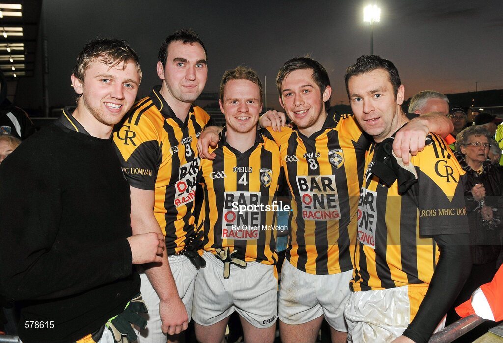 27 November 2011; Crossmaglen Rangers players, from left, Francis Hanratty, David McKenna, Paul McKeown, Johnny Hanratty, and Oisin McConville celebrate after the game. AIB Ulster GAA Football Senior Club Championship Final, Crossmaglen Rangers, Armagh v Burren St Mary's, Down, Morgan Athletic Grounds, Armagh. Picture credit: Oliver McVeigh / SPORTSFILE