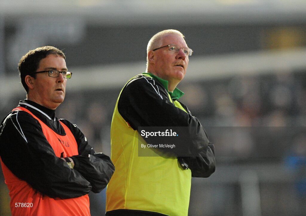 27 November 2011; Burren St Mary's manager Frank Dawson, right. AIB Ulster GAA Football Senior Club Championship Final, Crossmaglen Rangers v Burren St Mary's, Morgan Athletic Grounds, Armagh. Picture credit: Oliver McVeigh / SPORTSFILE