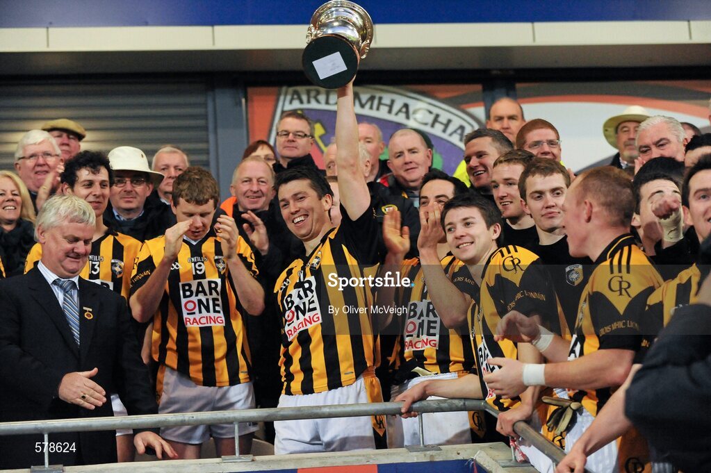 27 November 2011; Crossmaglen Rangers captain Stephen McKernan lifts the Seamus McFerran cup. AIB Ulster GAA Football Senior Club Championship Final, Crossmaglen Rangers, Armagh v Burren St Mary's, Down, Morgan Athletic Grounds, Armagh. Picture credit: Oliver McVeigh / SPORTSFILE