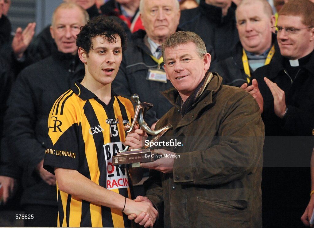 27 November 2011; Jamie Clarke, Crossmaglen Rangers, receives the Man of the Match award from Seamus Doyle, AIB. AIB Ulster GAA Football Senior Club Championship Final, Crossmaglen Rangers v Burren St Mary's, Morgan Athletic Grounds, Armagh. Picture credit: Oliver McVeigh / SPORTSFILE