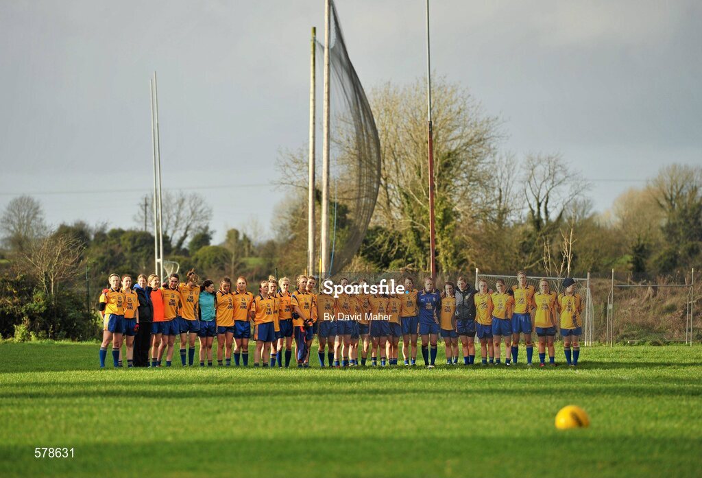 27 November 2011; The Na Fianna players stand during the National Anthem. Tesco All-Ireland Senior Ladies Football Club Championship Final, Carnacon v Na Fianna, Ballymahon, Co. Longford. Picture credit: David Maher / SPORTSFILE