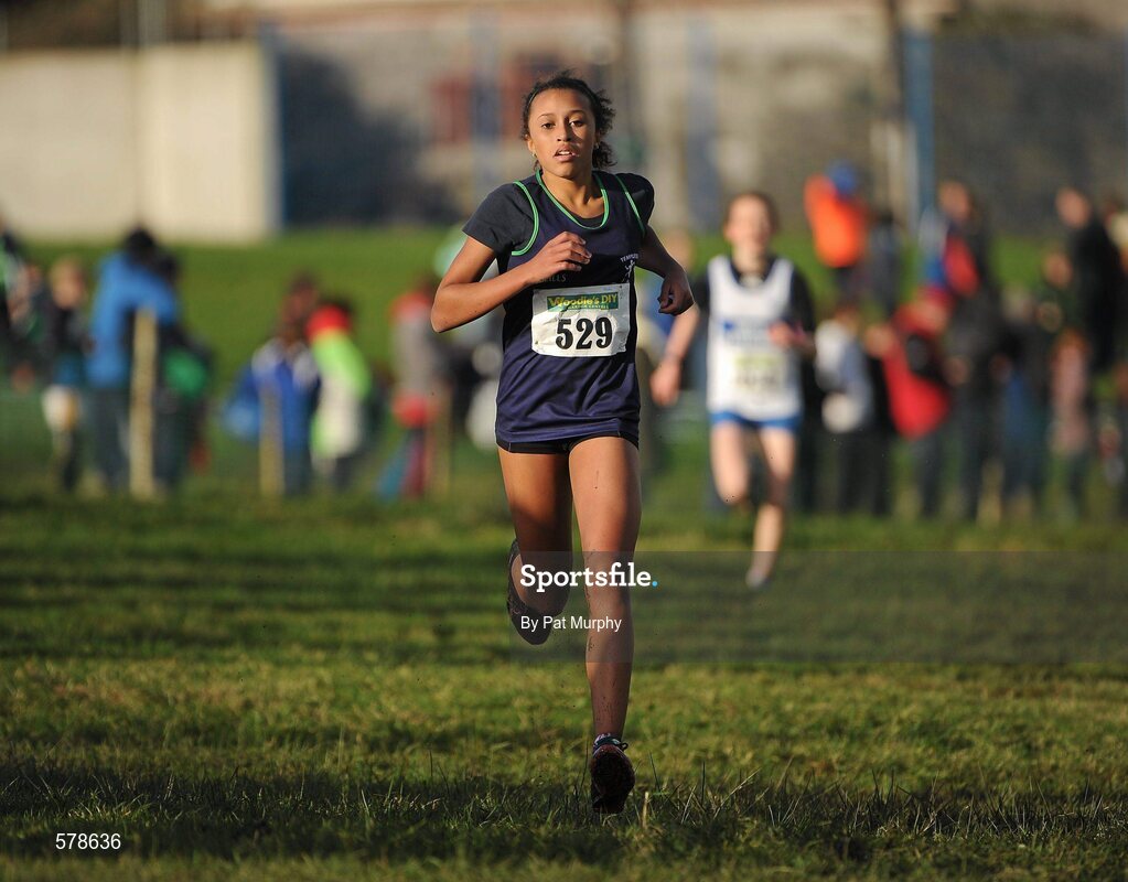 27 November 2011; Nadia Power, Templeogue AC, Dublin, crosses the finish line to win the Girl's U14 race at the Woodie’s DIY Inter County Cross Country Championships. Sligo Racecourse, Sligo. Picture credit: Pat Murphy / SPORTSFILE