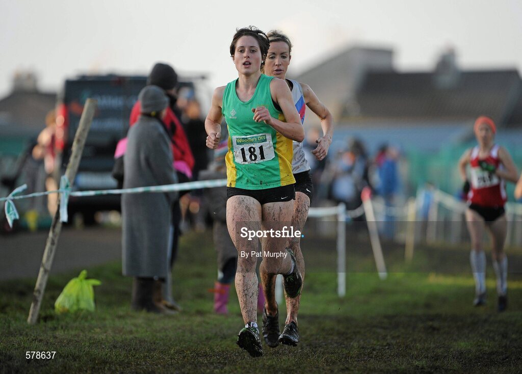 27 November 2011; Eventual winner Sarah Louise Treacy, Meath, 181, races clear of third placed Catherine Devitt, Dundrum South Dublin AC, during the senior women's race at the Woodie’s DIY Inter County Cross Country Championships. Sligo Racecourse, Sligo. Picture credit: Pat Murphy / SPORTSFILE