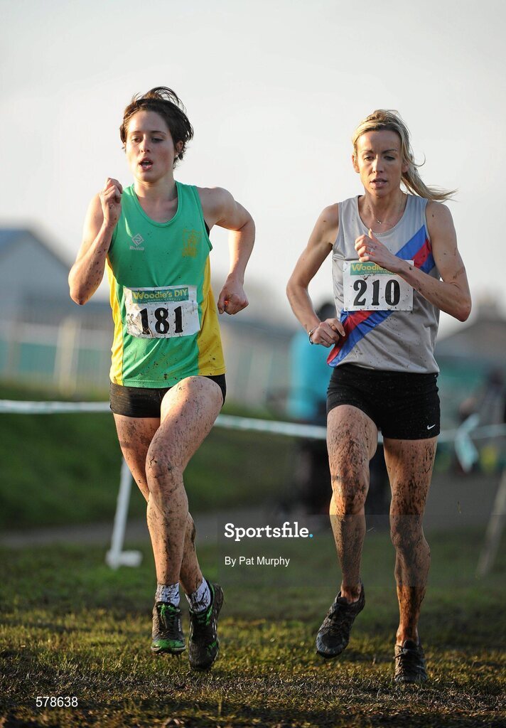 27 November 2011; Eventual winner Sarah Louise Treacy, Meath, races clear of third placed Catherine Devitt, Dundrum South Dublin AC, right, during the senior women's race at the Woodie’s DIY Inter County Cross Country Championships. Sligo Racecourse, Sligo. Picture credit: Pat Murphy / SPORTSFILE