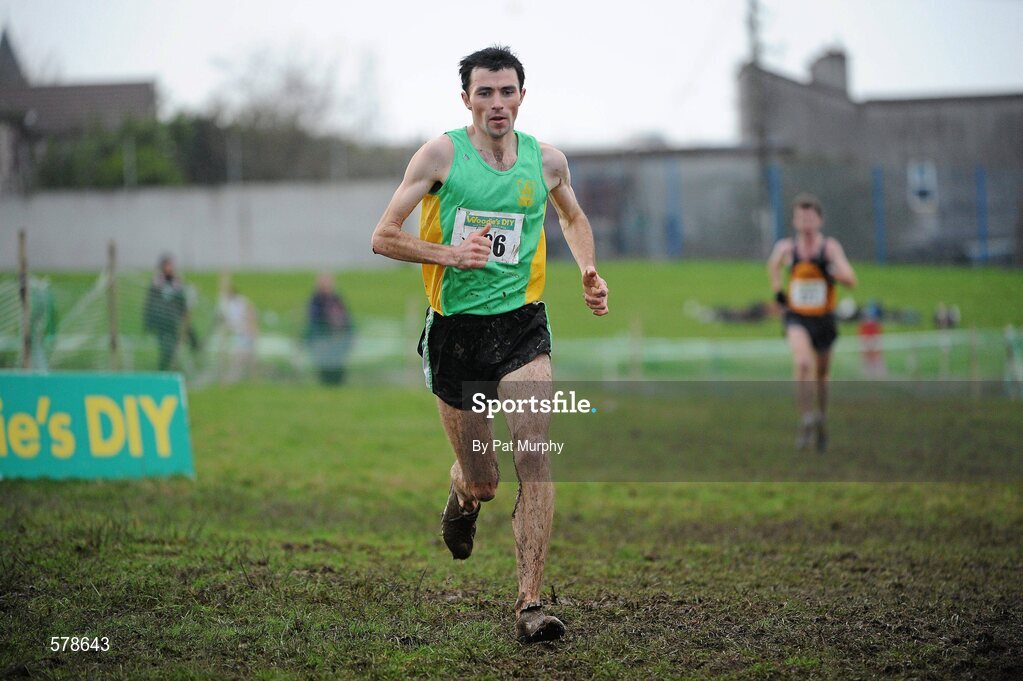 27 November 2011; Andrew Ledwith, Co. Meath, crosses the finish line to finish second in the senior men's race during the Woodie’s DIY Inter County Cross Country Championships. Sligo Racecourse, Sligo. Picture credit: Pat Murphy / SPORTSFILE