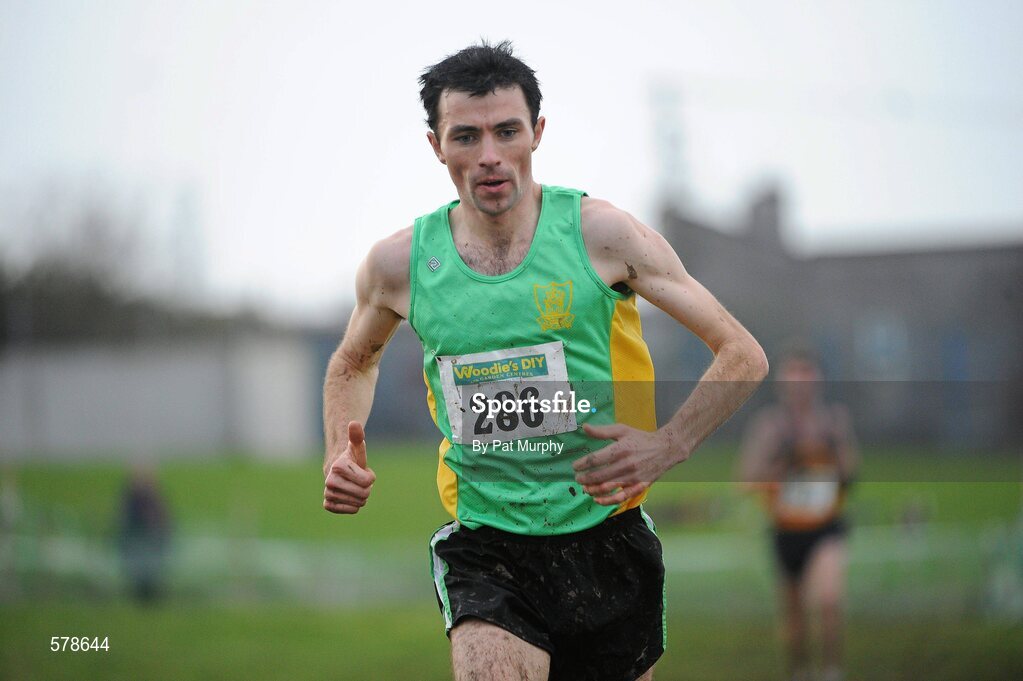 27 November 2011; Andrew Ledwith, Co. Meath, crosses the finish line to finish second in the senior men's race during the Woodie’s DIY Inter County Cross Country Championships. Sligo Racecourse, Sligo. Picture credit: Pat Murphy / SPORTSFILE