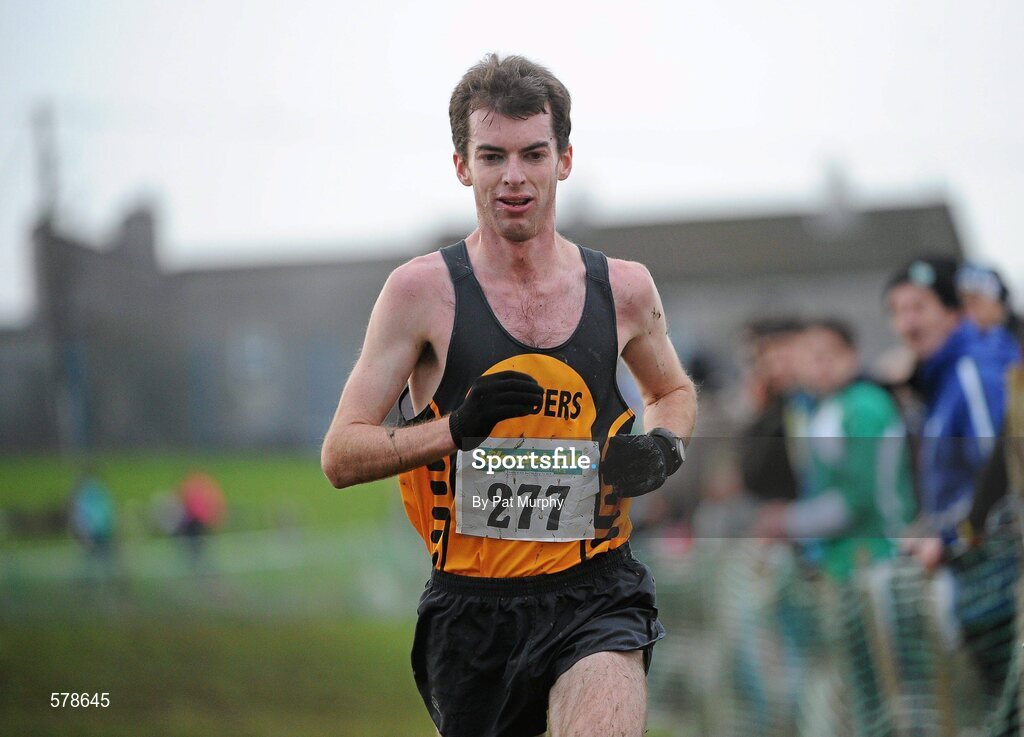 27 November 2011; Paul Pollock, Striders AC, Co. Antrim, crosses the finish line to finish third in the senior men's race during the Woodie’s DIY Inter County Cross Country Championships. Sligo Racecourse, Sligo. Picture credit: Pat Murphy / SPORTSFILE