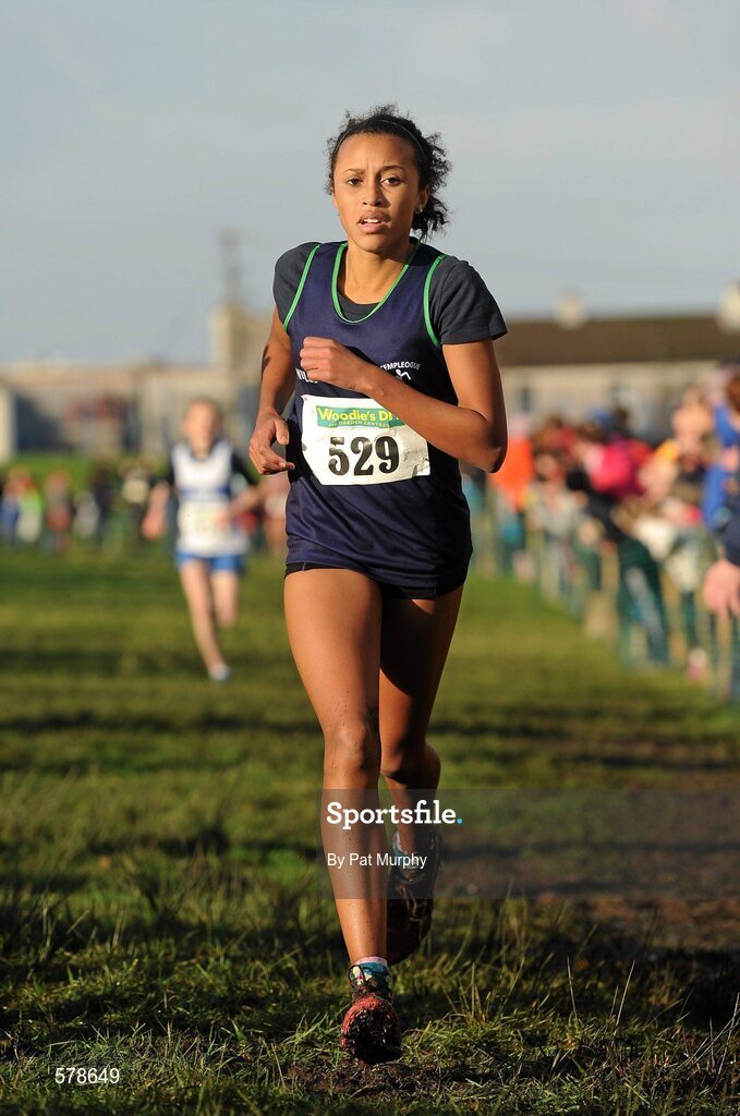 27 November 2011; Nadia Power, Templeogue AC, Dublin, crosses the finish line to win the Girl's U14 race at the Woodie’s DIY Inter County Cross Country Championships. Sligo Racecourse, Sligo. Picture credit: Pat Murphy / SPORTSFILE