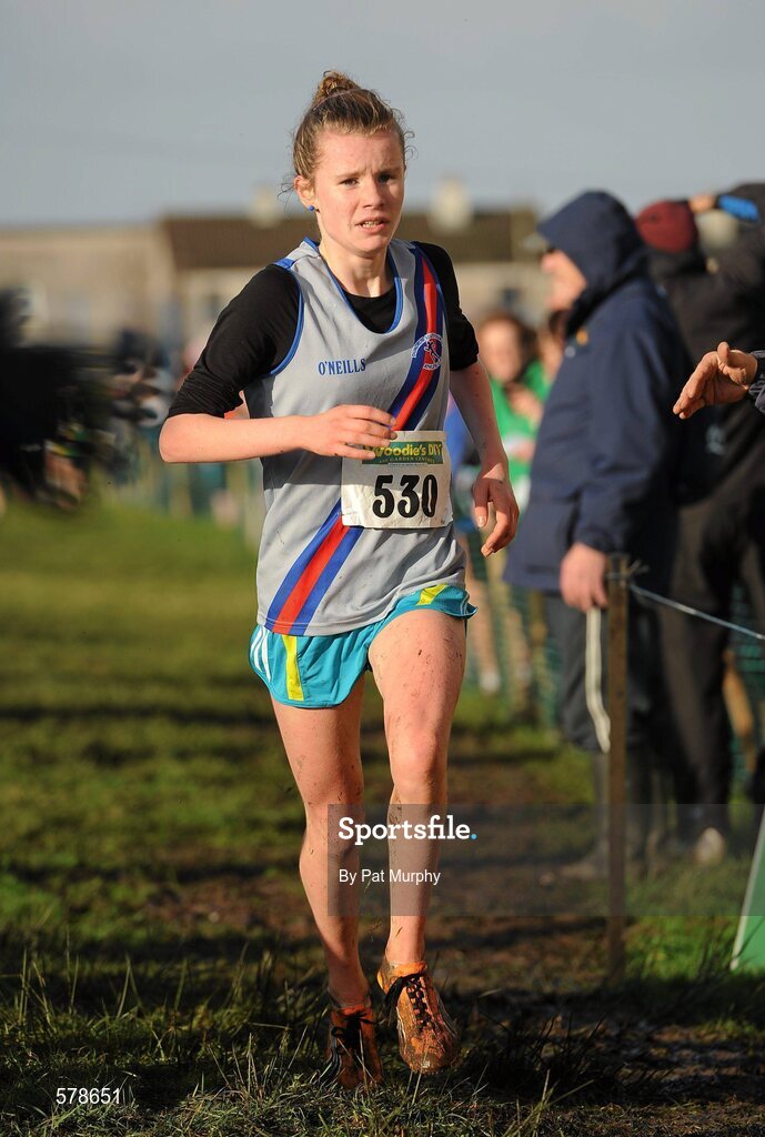 27 November 2011; Rachael Dunne, Dundrum South Dublin AC, Dublin, crosses the finish line to finish in third place in the Girl's U14 race at the Woodie’s DIY Inter County Cross Country Championships. Sligo Racecourse, Sligo. Picture credit: Pat Murphy / SPORTSFILE