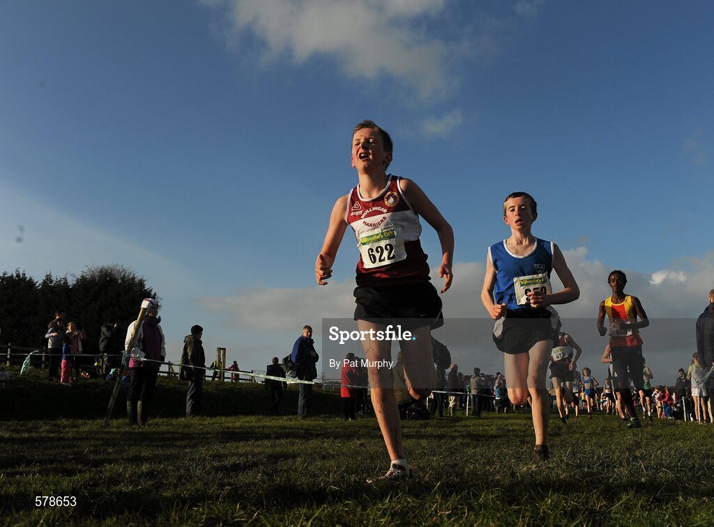 27 November 2011; Cormac Dalton, Mullingar Harriers AC, leads the field during the early stages of the Boy's U14 race at the Woodie’s DIY Inter County Cross Country Championships. Sligo Racecourse, Sligo. Picture credit: Pat Murphy / SPORTSFILE