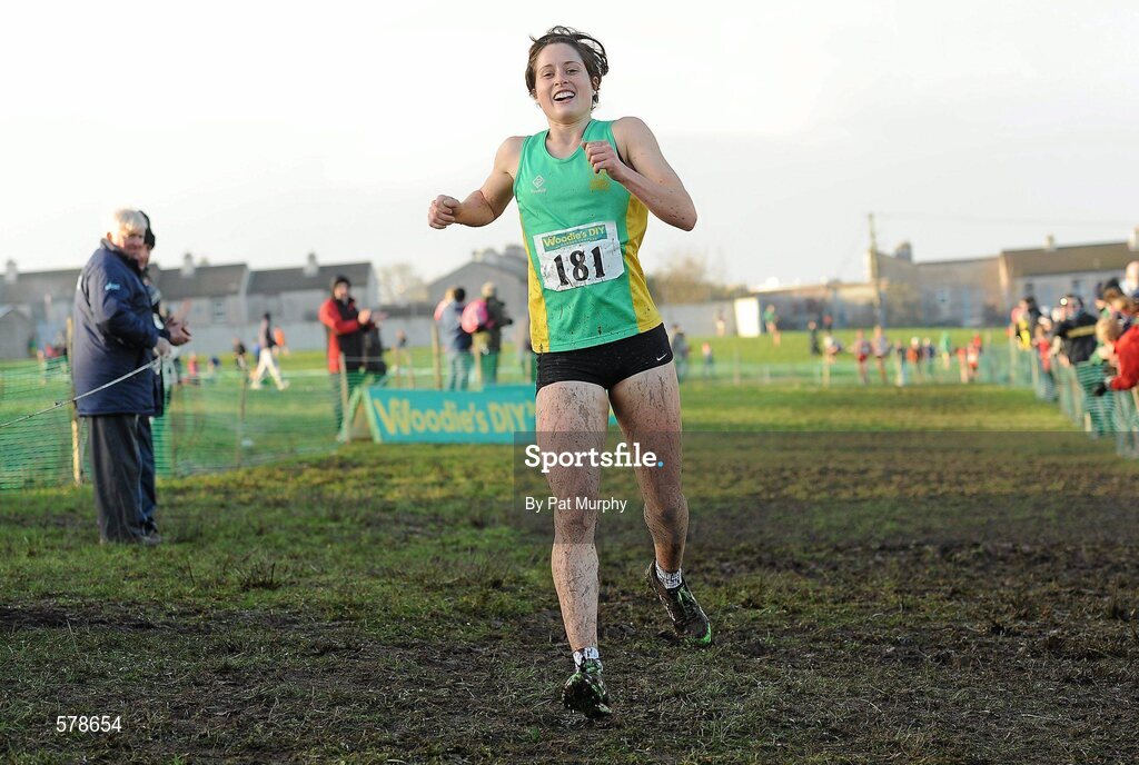 27 November 2011; Sarah Louise Treacy, Meath, crosses the finish line to win the senior women's race at the Woodie’s DIY Inter County Cross Country Championships. Sligo Racecourse, Sligo. Picture credit: Pat Murphy / SPORTSFILE