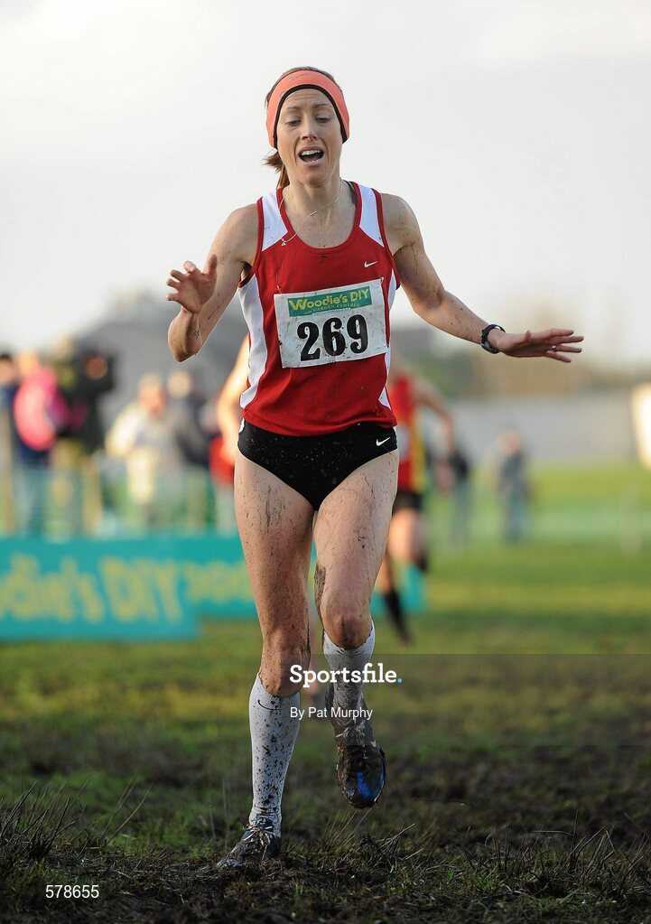27 November 2011; Claire McCarthy, Cork, crosses the finish line to finish second in the the senior women's race at the Woodie’s DIY Inter County Cross Country Championships. Sligo Racecourse, Sligo. Picture credit: Pat Murphy / SPORTSFILE