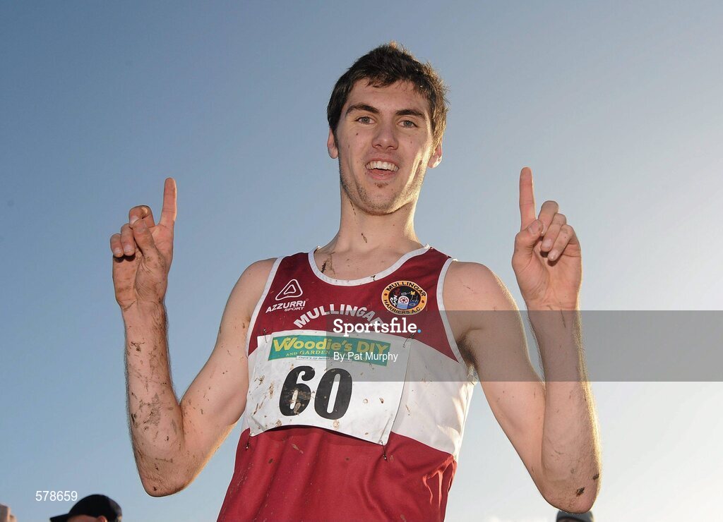 27 November 2011; Jake Byrne, Mullingar Harriers AC, Co. Westmeath, celebrates after winning the Junior Men's race at the Woodie’s DIY Inter County Cross Country Championships. Sligo Racecourse, Sligo. Picture credit: Pat Murphy / SPORTSFILE