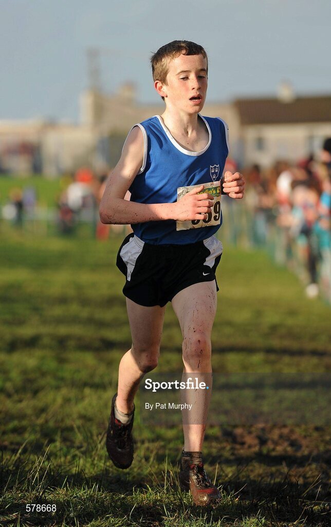 27 November 2011; Fearghal Curtin, Cork, crosses the finish line to win the Boy's U14 race during the Woodie’s DIY Inter County Cross Country Championships. Sligo Racecourse, Sligo. Picture credit: Pat Murphy / SPORTSFILE