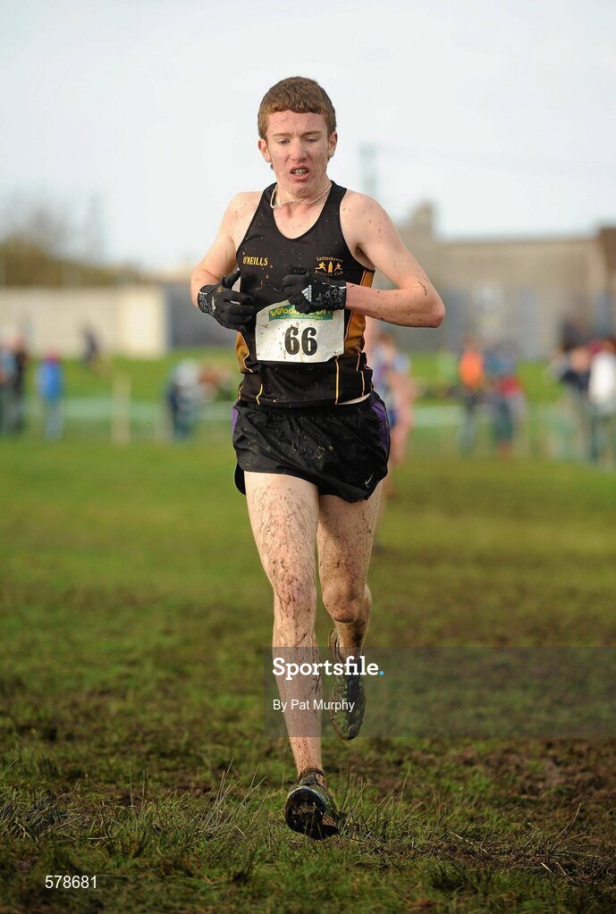 27 November 2011; Peter Gibbons, Letterkenny AC, Co. Donegal, crosses the finish line to finish second in the boy's U16 race at the Woodie’s DIY Inter County Cross Country Championships. Sligo Racecourse, Sligo. Picture credit: Pat Murphy / SPORTSFILE