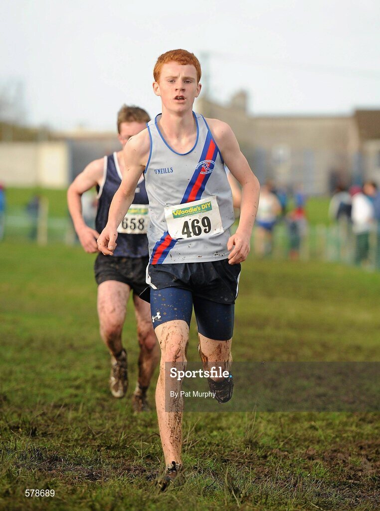 27 November 2011; Liam Fitzpatrick, Dundrum South Dublin AC, crosses the finish line to finish in third place in the boy's U16 race at the Woodie’s DIY Inter County Cross Country Championships. Sligo Racecourse, Sligo. Picture credit: Pat Murphy / SPORTSFILE